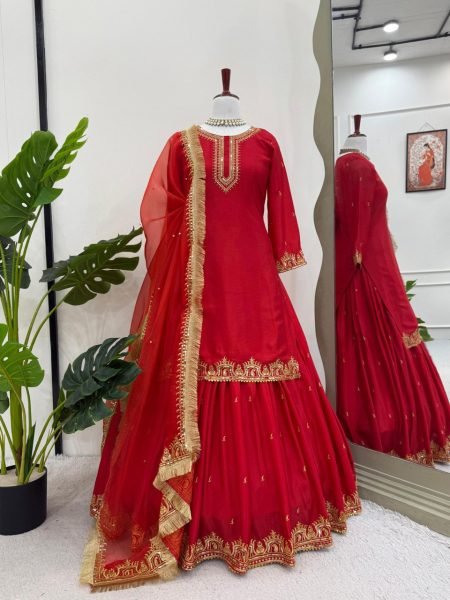 Deep Red Chinon Silk Sharara Set for Girls Heavy Embroidered Readymade Partywear with Lace Dupatta Wholesale Price Collection Ready To Wear Collection