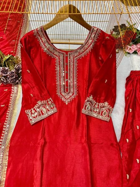 Deep Red Chinon Silk Sharara Set for Girls Heavy Embroidered Readymade Partywear with Lace Dupatta Wholesale Price Collection Ready To Wear Collection