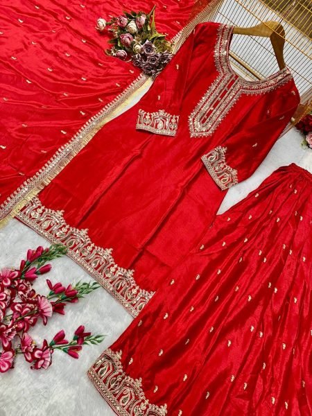 Deep Red Chinon Silk Sharara Set for Girls Heavy Embroidered Readymade Partywear with Lace Dupatta Wholesale Price Collection Ready To Wear Collection