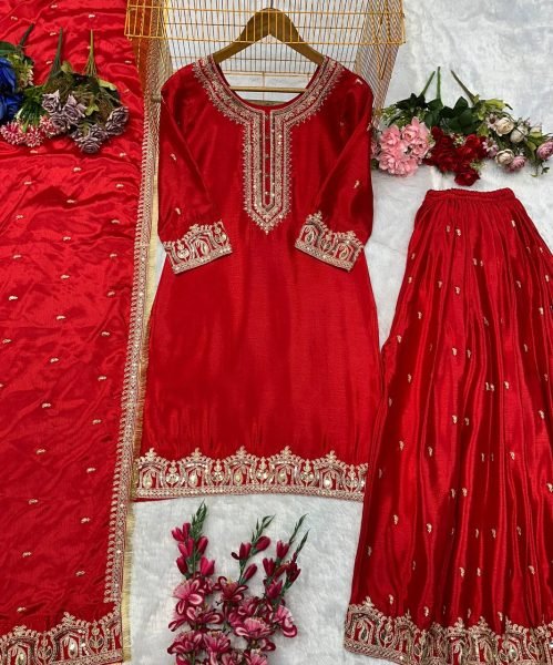Deep Red Chinon Silk Sharara Set for Girls Heavy Embroidered Readymade Partywear with Lace Dupatta Wholesale Price Collection Ready To Wear Collection
