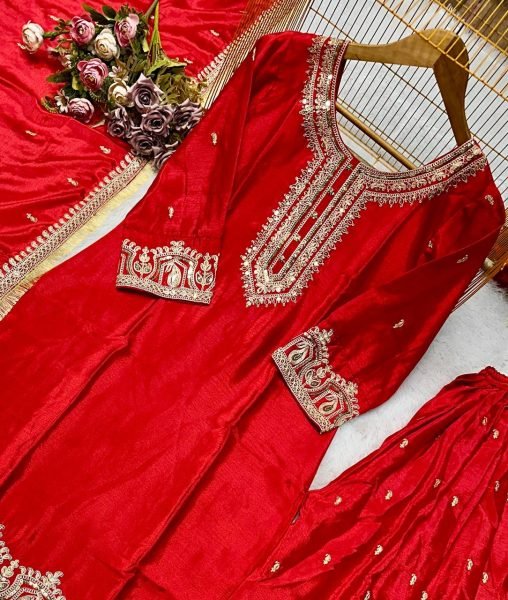 Deep Red Chinon Silk Sharara Set for Girls Heavy Embroidered Readymade Partywear with Lace Dupatta Wholesale Price Collection Ready To Wear Collection