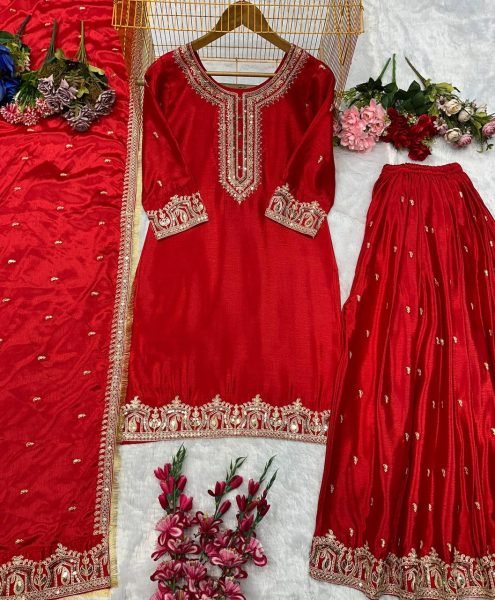 Deep Red Chinon Silk Sharara Set for Girls Heavy Embroidered Readymade Partywear with Lace Dupatta Wholesale Price Collection Ready To Wear Collection