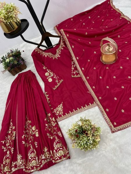 Deep Red Natural Crepe Suit with Heavy Sequin Embroidery Wedding Ready 