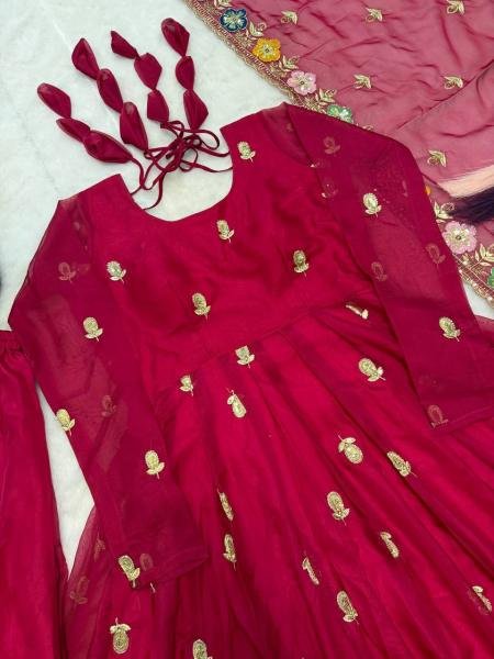 Deep Red Tabby Organza Anarkali Suit Set with Beads and Embroidery Work at Wholesale Rate for B2B Ready To Wear Collection