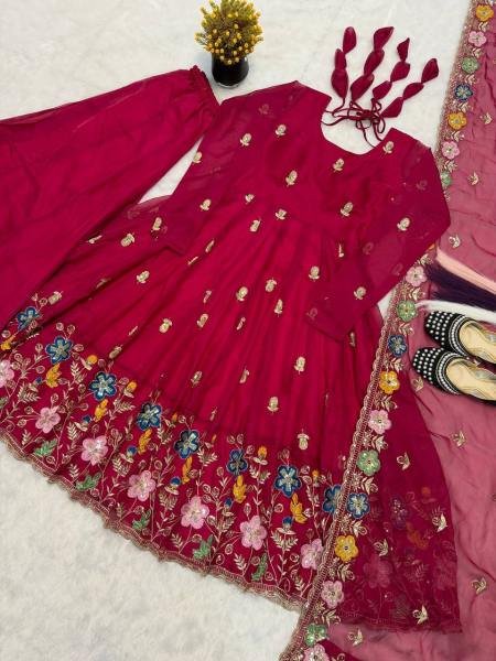 Deep Red Tabby Organza Anarkali Suit Set with Beads and Embroidery Work at Wholesale Rate for B2B Ready To Wear Collection