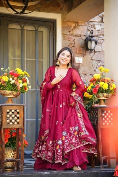Deep Red Tabby Organza Anarkali Suit Set with Beads and Embroidery Work at Wholesale Rate for B2B Ready To Wear Collection
