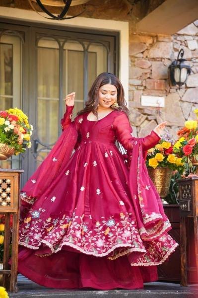 Deep Red Tabby Organza Anarkali Suit Set with Beads and Embroidery Work at Wholesale Rate for B2B Ready To Wear Collection