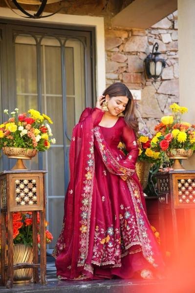 Deep Red Tabby Organza Anarkali Suit Set with Beads and Embroidery Work at Wholesale Rate for B2B Ready To Wear Collection