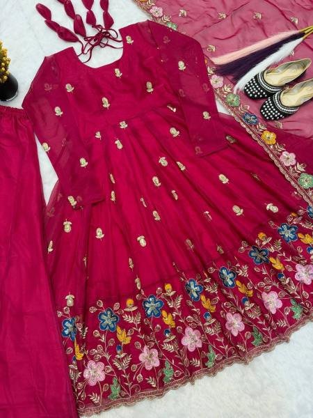 Deep Red Tabby Organza Anarkali Suit Set with Beads and Embroidery Work at Wholesale Rate for B2B Ready To Wear Collection