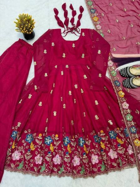 Deep Red Tabby Organza Anarkali Suit Set with Beads and Embroidery Work at Wholesale Rate for B2B Ready To Wear Collection