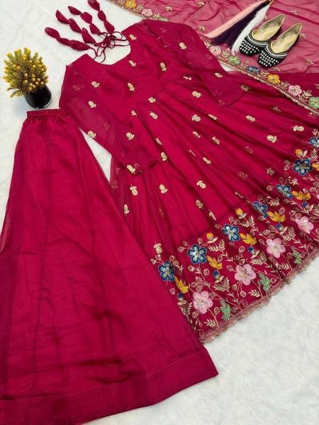 Deep Red Tabby Organza Anarkali Suit Set with Beads and Embroidery Work at Wholesale Rate for B2B Ready To Wear Collection