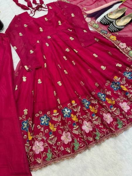 Deep Red Tabby Organza Anarkali Suit Set with Beads and Embroidery Work at Wholesale Rate for B2B Ready To Wear Collection
