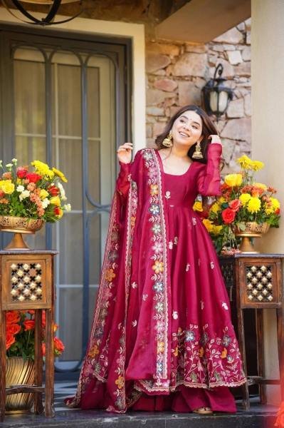 Deep Red Tabby Organza Anarkali Suit Set with Beads and Embroidery Work at Wholesale Rate for B2B Ready To Wear Collection