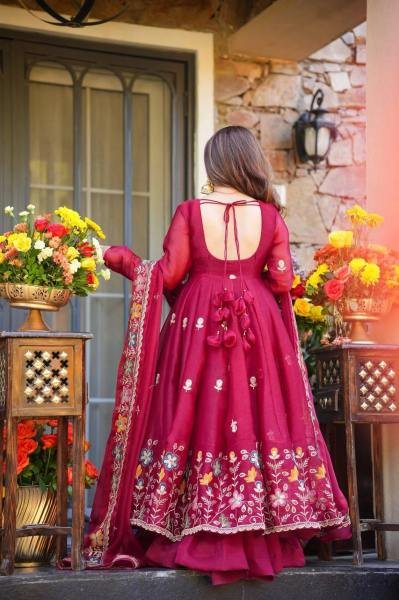 Deep Red Tabby Organza Anarkali Suit Set with Beads and Embroidery Work at Wholesale Rate for B2B Ready To Wear Collection