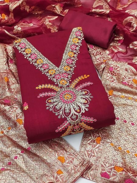 Deep Red Vichitra Silk Dress Material with Coding and Sequence Work Festive Collection 