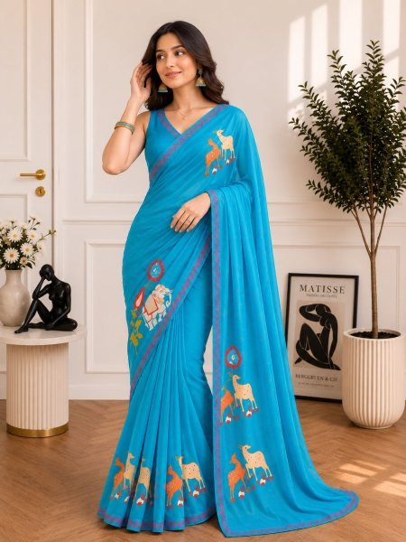 Deep Sky Blue Soft Chinon Silk Saree with Traditional Warli Digital Print for Festive Wear Sarees 
