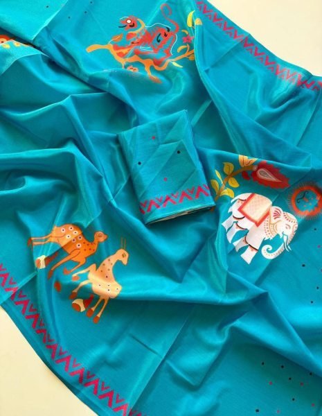 Deep Sky Blue Soft Chinon Silk Saree with Traditional Warli Digital Print for Festive Wear Silk Sarees Wholesale