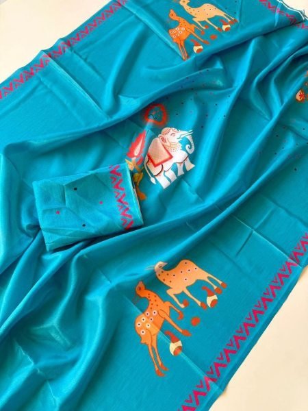 Deep Sky Blue Soft Chinon Silk Saree with Traditional Warli Digital Print for Festive Wear Silk Sarees Wholesale