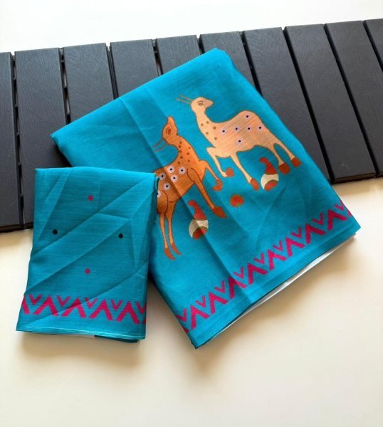 Deep Sky Blue Soft Chinon Silk Saree with Traditional Warli Digital Print for Festive Wear Silk Sarees Wholesale