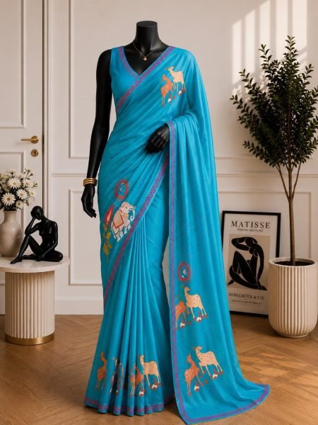Deep Sky Blue Soft Chinon Silk Saree with Traditional Warli Digital Print for Festive Wear Silk Sarees Wholesale