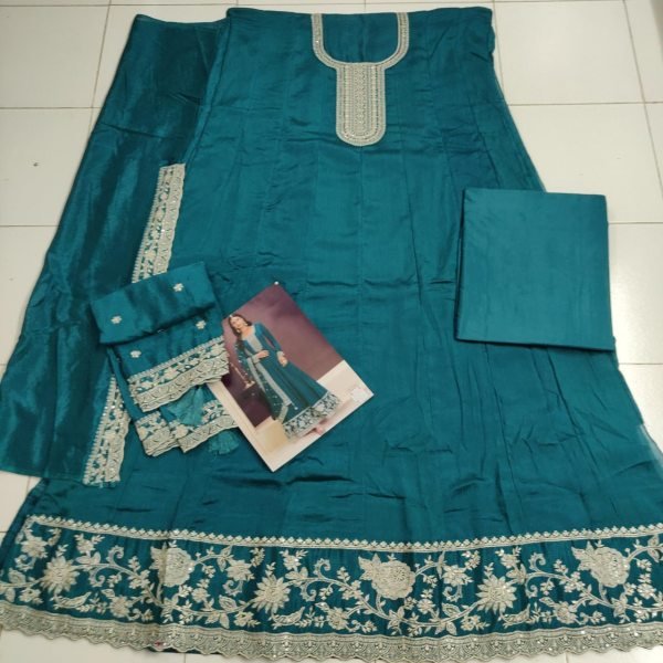 Deep Teal Gleam Edit Ready-to-Wear Chinon Anarkali Set with Embroidered Dupatta Anarakali Gown Wholesale