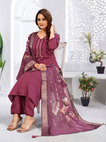 deep wine viscose suit set with matching dupatta graceful stitched look for party wear 3 Piece Kurti Set