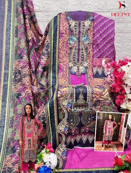 Deepsy Bliss Lawn Pure Cotton Embroidered Pakistani Suit Material with Chiffon Dupatta Pakistani Suits Wholesale
