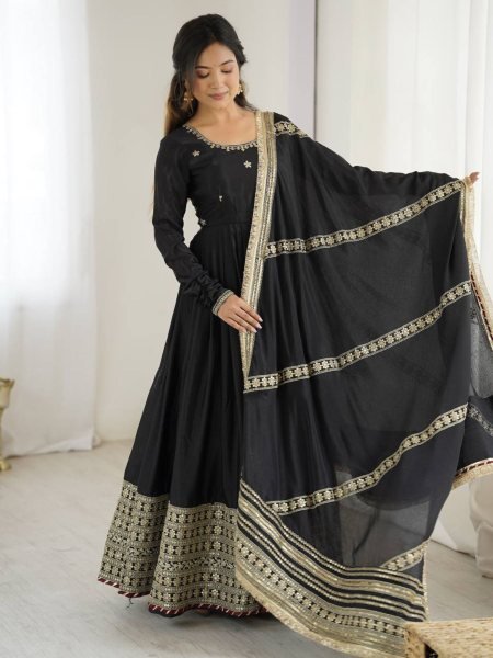 Trendy Black Embroidered Gown with Micro Stitched Pant and Matching Chinon Silk Dupatta with Thread Work for Wedding Wear