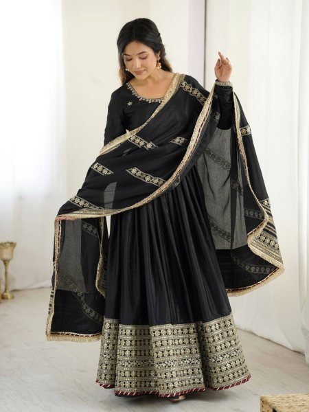 Trendy Black Embroidered Gown with Micro Stitched Pant and Matching Chinon Silk Dupatta with Thread Work for Wedding Wear Plus Size Kurti / Gown