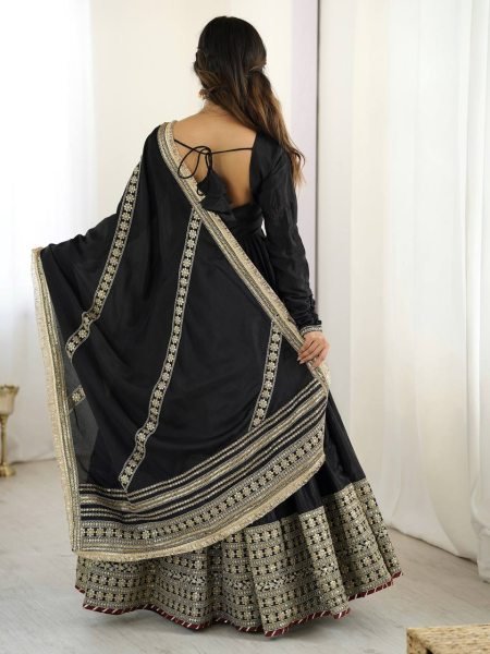Trendy Black Embroidered Gown with Micro Stitched Pant and Matching Chinon Silk Dupatta with Thread Work for Wedding Wear Plus Size Kurti / Gown