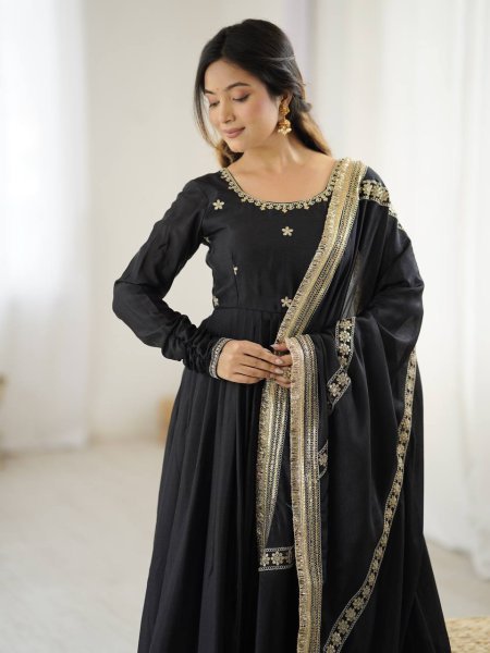 Trendy Black Embroidered Gown with Micro Stitched Pant and Matching Chinon Silk Dupatta with Thread Work for Wedding Wear Plus Size Kurti / Gown