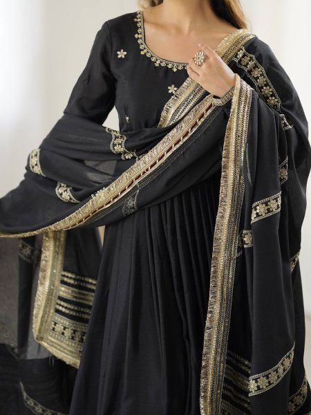 Trendy Black Embroidered Gown with Micro Stitched Pant and Matching Chinon Silk Dupatta with Thread Work for Wedding Wear Plus Size Kurti / Gown
