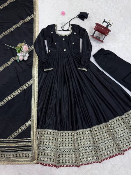 Trendy Black Embroidered Gown with Micro Stitched Pant and Matching Chinon Silk Dupatta with Thread Work for Wedding Wear Plus Size Kurti / Gown