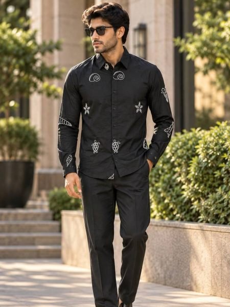 Delightful Black Men   s Cotton Embroidered Shirt with Full Sleeves for Daily Wear  