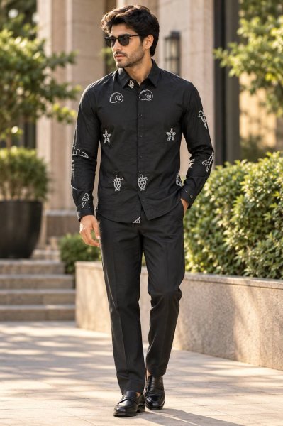 Delightful Black Men   s Cotton Embroidered Shirt with Full Sleeves for Daily Wear  Mens Shirt