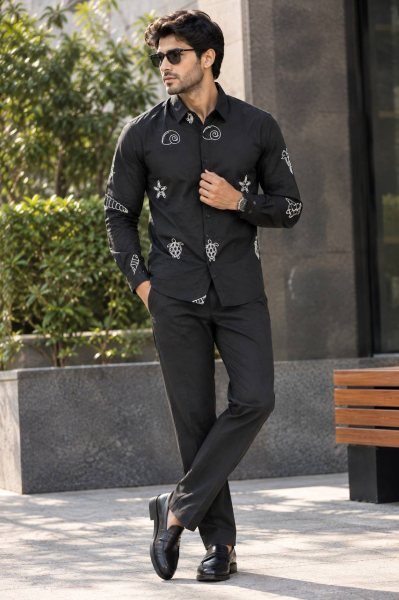 Delightful Black Men   s Cotton Embroidered Shirt with Full Sleeves for Daily Wear  Mens Shirt