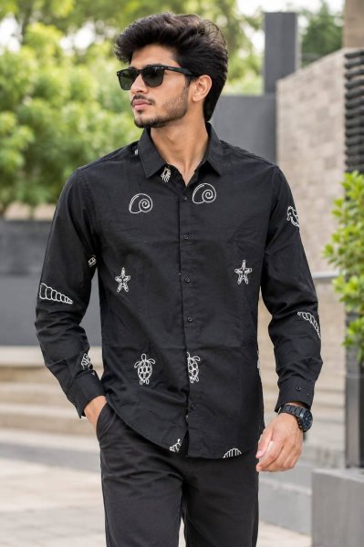 Delightful Black Men   s Cotton Embroidered Shirt with Full Sleeves for Daily Wear  Mens Shirt