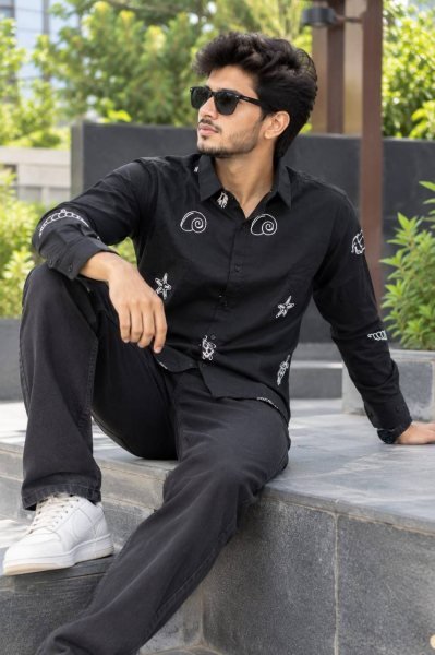 Delightful Black Men   s Cotton Embroidered Shirt with Full Sleeves for Daily Wear  Mens Shirt