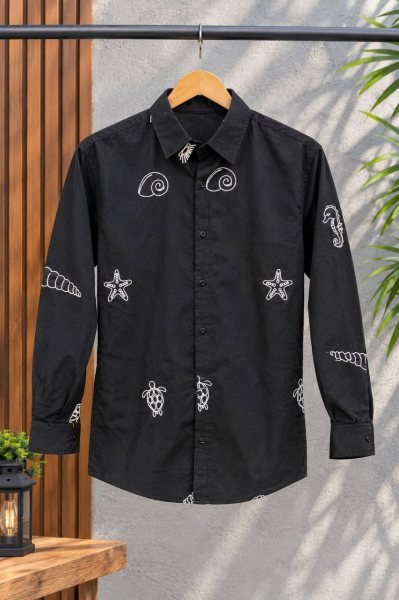Delightful Black Men   s Cotton Embroidered Shirt with Full Sleeves for Daily Wear  Mens Shirt