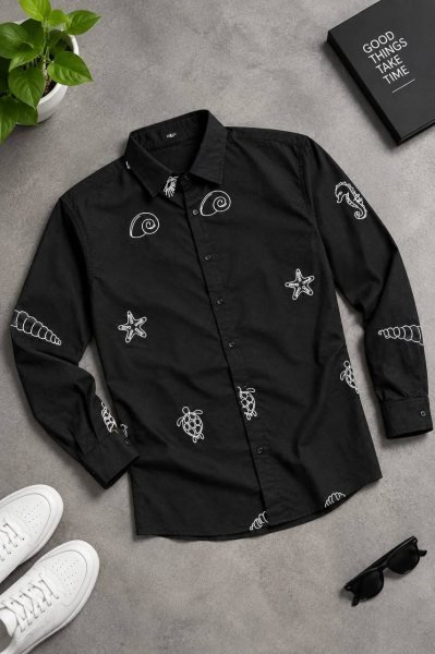 Delightful Black Men   s Cotton Embroidered Shirt with Full Sleeves for Daily Wear  Mens Shirt