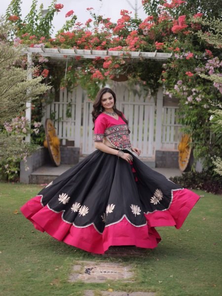 Delightful Black Pink Roman Fabric Navratri Lehenga Choli with Kutchi Gamthi Embroidery Work  Lehenga