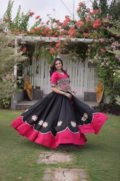 Delightful Black Pink Roman Fabric Navratri Lehenga Choli with Kutchi Gamthi Embroidery Work Navratri Lehnega Choli