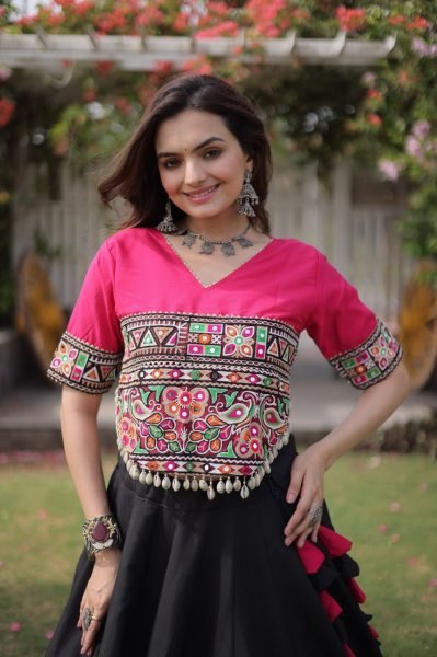 Delightful Black Pink Roman Fabric Navratri Lehenga Choli with Kutchi Gamthi Embroidery Work Navratri Lehnega Choli