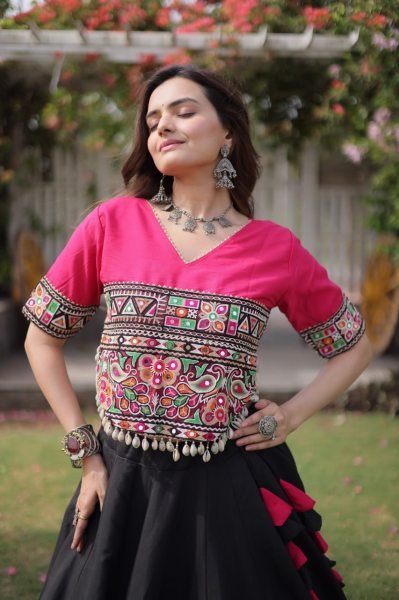 Delightful Black Pink Roman Fabric Navratri Lehenga Choli with Kutchi Gamthi Embroidery Work Navratri Lehnega Choli
