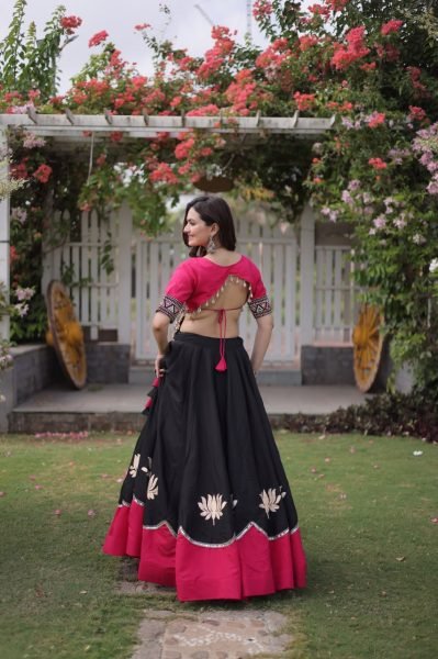 Delightful Black Pink Roman Fabric Navratri Lehenga Choli with Kutchi Gamthi Embroidery Work Navratri Lehnega Choli