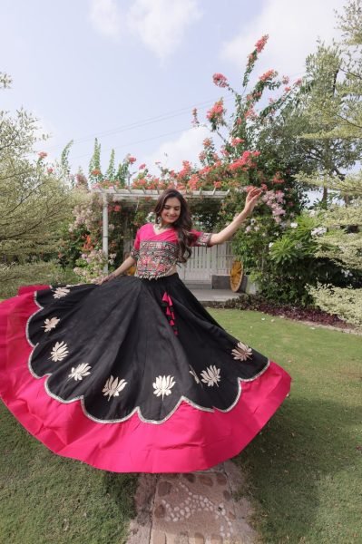 Delightful Black Pink Roman Fabric Navratri Lehenga Choli with Kutchi Gamthi Embroidery Work Navratri Lehnega Choli