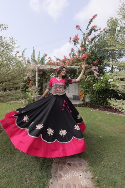 Delightful Black Pink Roman Fabric Navratri Lehenga Choli with Kutchi Gamthi Embroidery Work Navratri Lehnega Choli