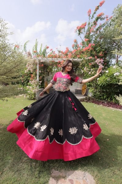 Delightful Black Pink Roman Fabric Navratri Lehenga Choli with Kutchi Gamthi Embroidery Work Navratri Lehnega Choli