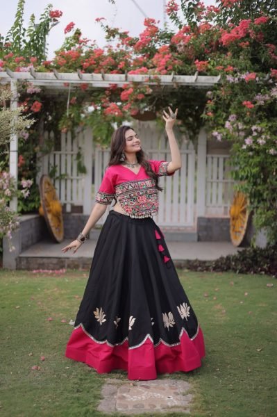 Delightful Black Pink Roman Fabric Navratri Lehenga Choli with Kutchi Gamthi Embroidery Work Navratri Lehnega Choli