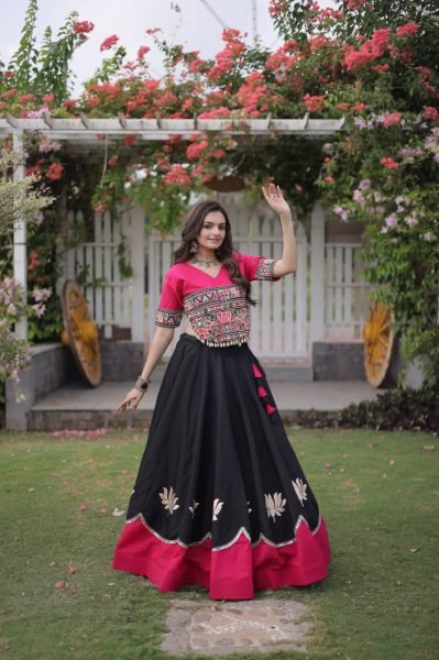 Delightful Black Pink Roman Fabric Navratri Lehenga Choli with Kutchi Gamthi Embroidery Work Navratri Lehnega Choli
